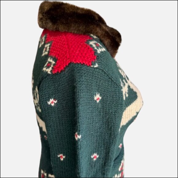VTG Ralph Lauren Hand Knit Reindeer Cardigan Faux Fur Collar 90's (Size S) - Picture 4 of 16